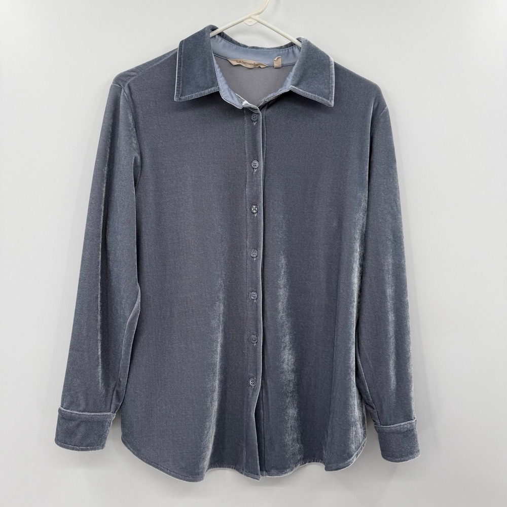 Soft Surroundings Light‎ Blue Velvet Boyfriend Long Sleeve Button Shirt PETITE S